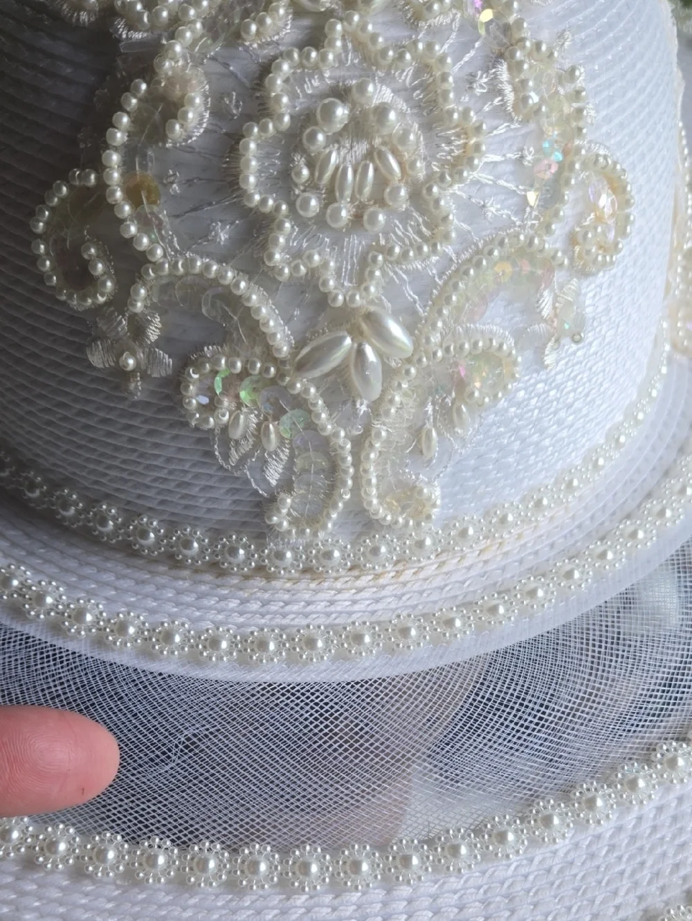 White Pearl Trim Wide Brim Church Hat - Picture 8 of 10